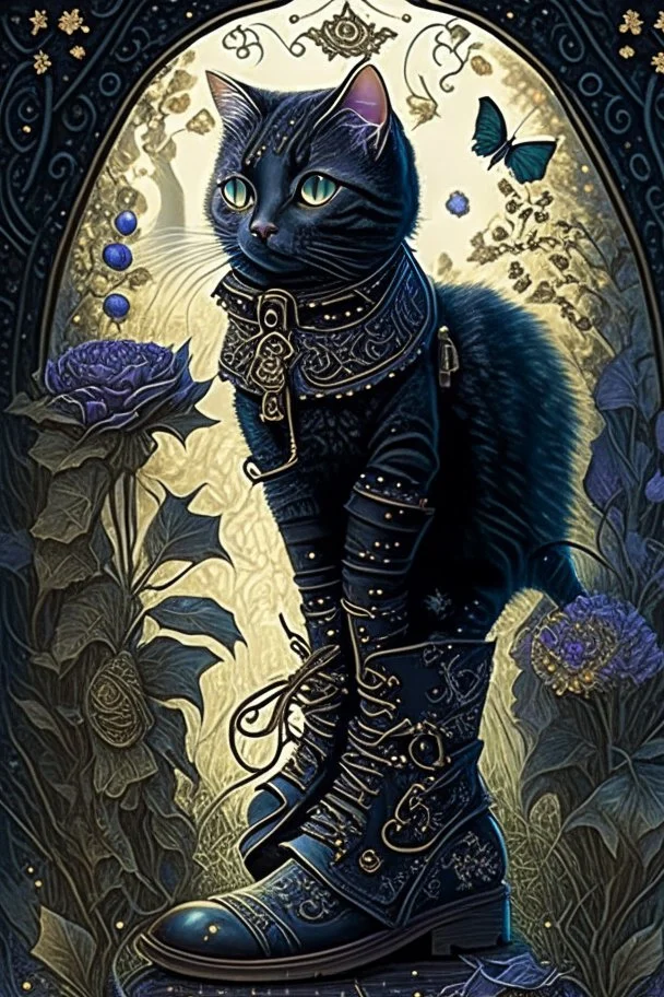 dark fantasy, intricate cover, a whimsical fairytale with a cat wearing boots on its hindlegs