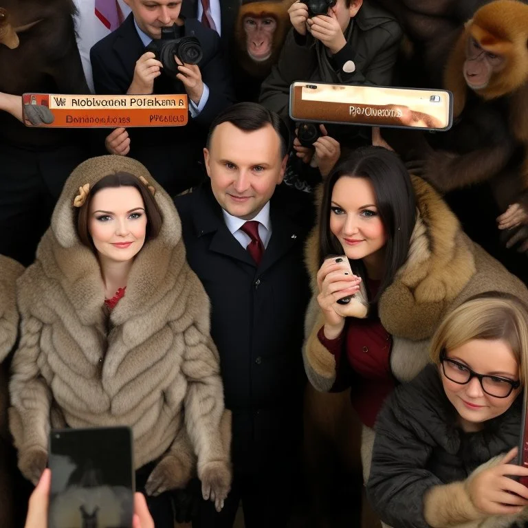 DARK HAIR politician of poland TAKING A PHOTO WITH MONKEYS, MUSHROOMS IN THE BACK