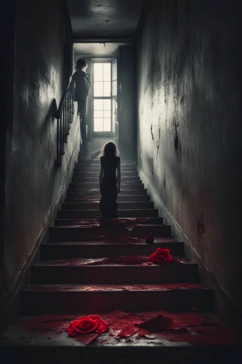 a broken red rose and a broken, bloody, torn, beaten woman lies at the bottom of a dirty staircase. At the top of the stairs stands the silhouette of a massive man, behind him a small light leaks through an open door, dramatic, gloomy atmosphere, sad, weird, dark colors, cinematic, realistic picture