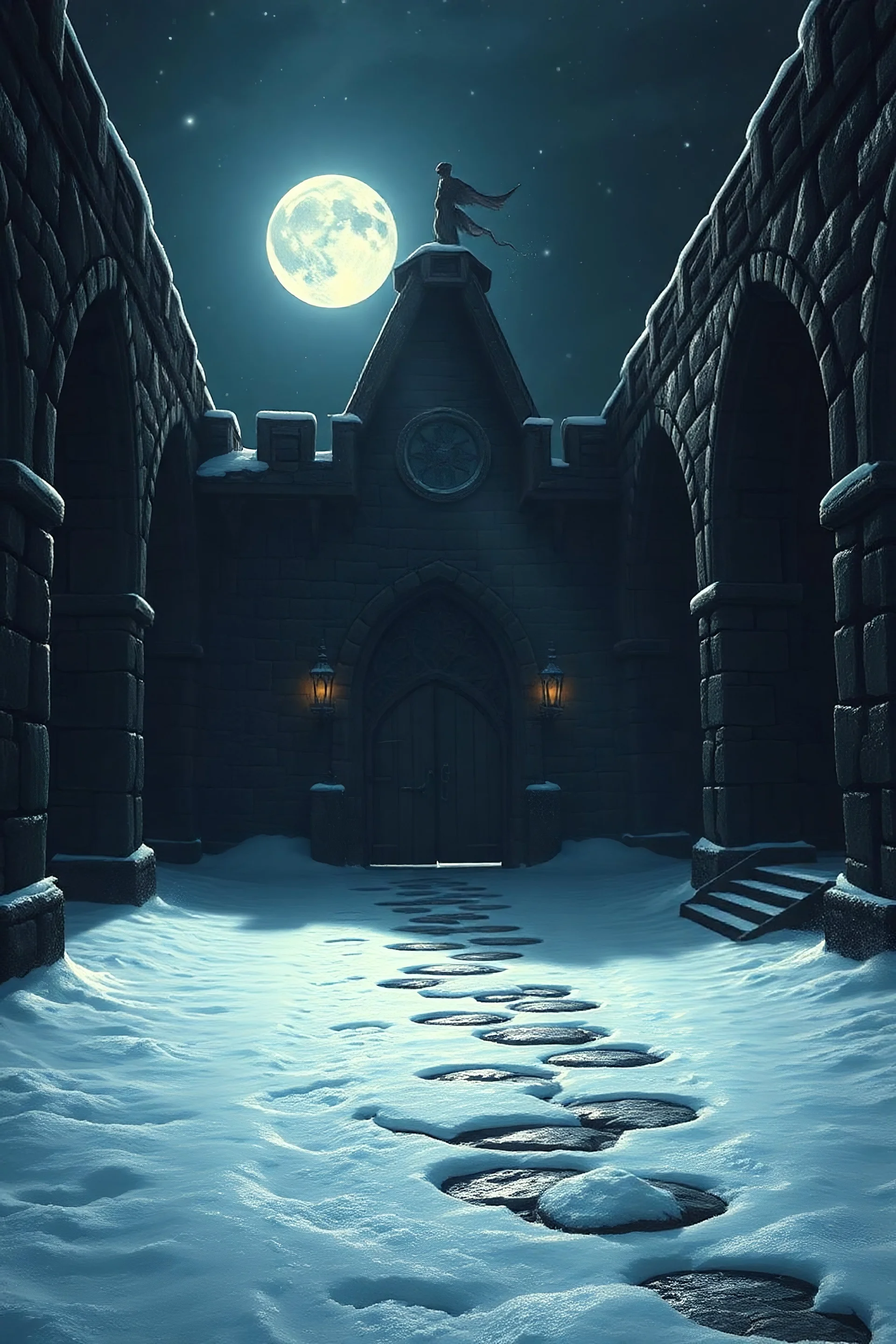 fantasy of a Dungeons and Dragons style , fantasy castle hall made of dark stone, snow on the floor, night, moonlight