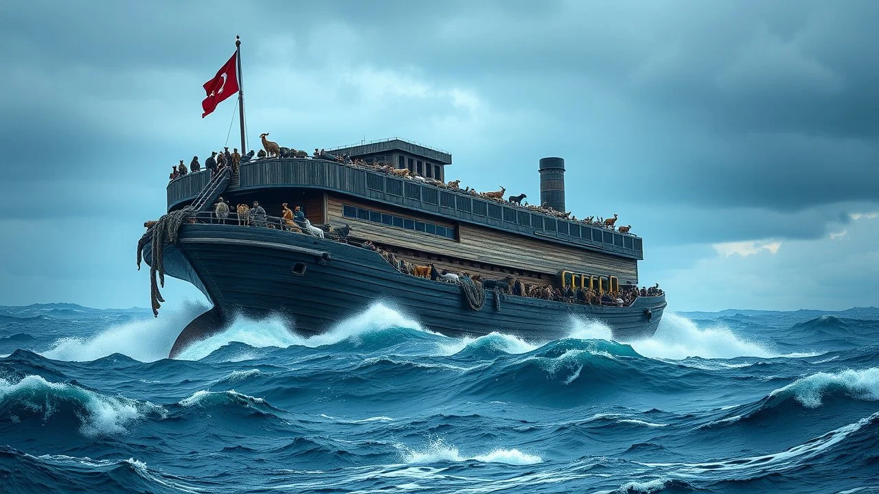 Noah's ark, massive and impressive as in the Biblical story. Many animals on board. Stormy sea. Award-winning colour photograph, beautiful composition, exquisite detail, Nikon 85mm