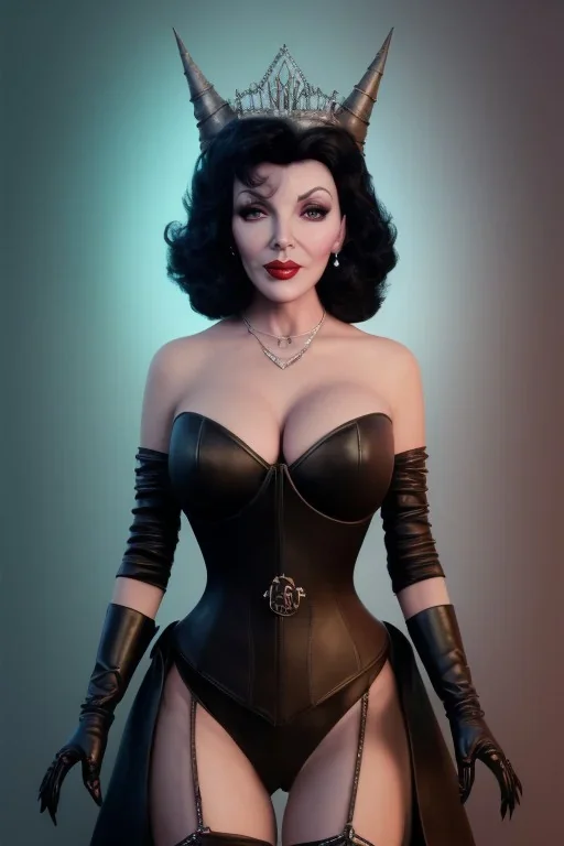 Joan Collins as evil queen in black leather, leather, busty, cleavage, angry, stern look. character design by cory loftis, fenghua zhong, ryohei hase, ismail inceoglu and ruan jia. unreal engine 5, artistic lighting, highly detailed, photorealistic, fantasy