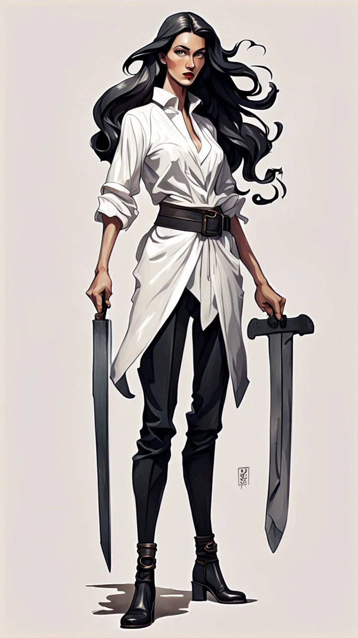 Full body character design, athletic female with black wide legged and high waisted pants, white blouse, face made of white porcelain in a Greek sculpture style , long hair, holding a trench cleaver, flat leather pouch on belt, thick heeled shoes