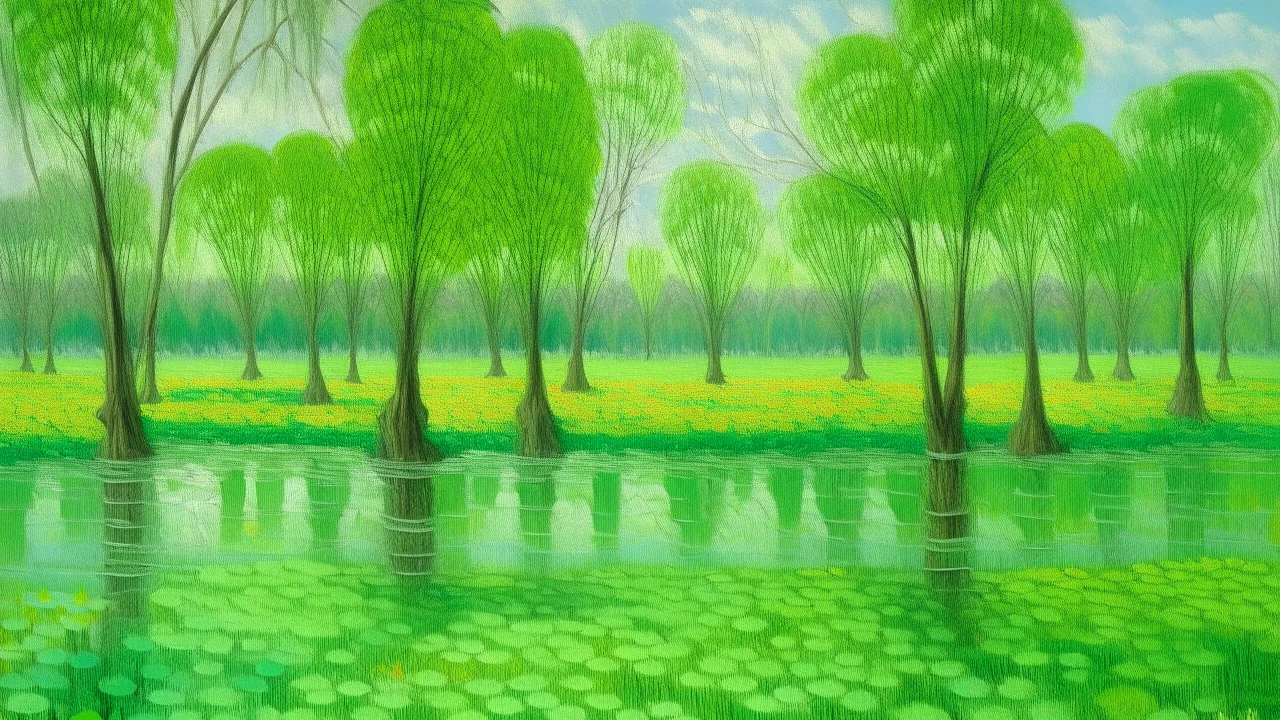 A spring green wetlands with garlic shaped trees designed in Navajo woven art painted by Claude Monet