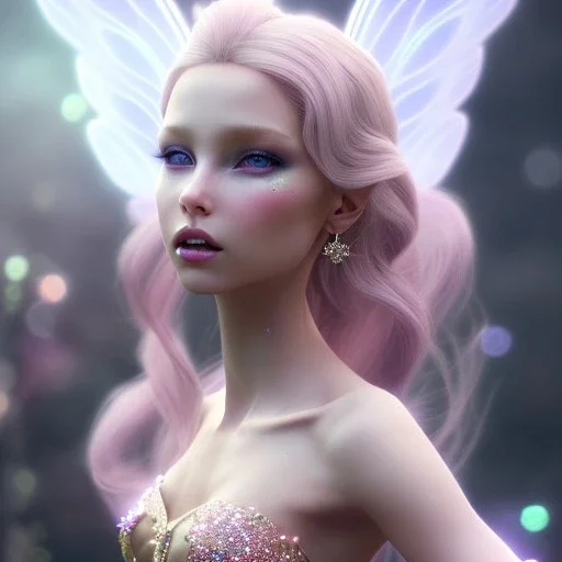 beautiful fairy very etheric, nice smiling, long blond hair, magic glamour pink make up, delicate colors, complete vision of very transparent and big wings, beautiful glamour transparent dress, ultra sharp focus, 8k, unreal engine 5, extremely sharp detail, light effect, soft light atmosphere, smooth, full of details, face in front, complete vision of face and hair and of the body