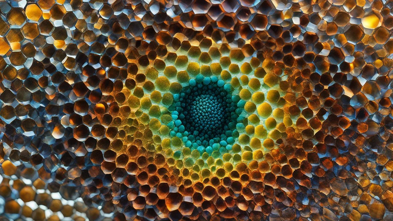 A detailed photomicrograph of an insect's compound eye, showcasing the hundreds of tiny, hexagonal lenses that make up the eye. The image highlights the eye's complex, multifaceted structure and reflective properties. Beautiful award-winning photograph, inspiring, rule of thirds, balanced delightful composition, perfect lighting, superb detail, 16k render