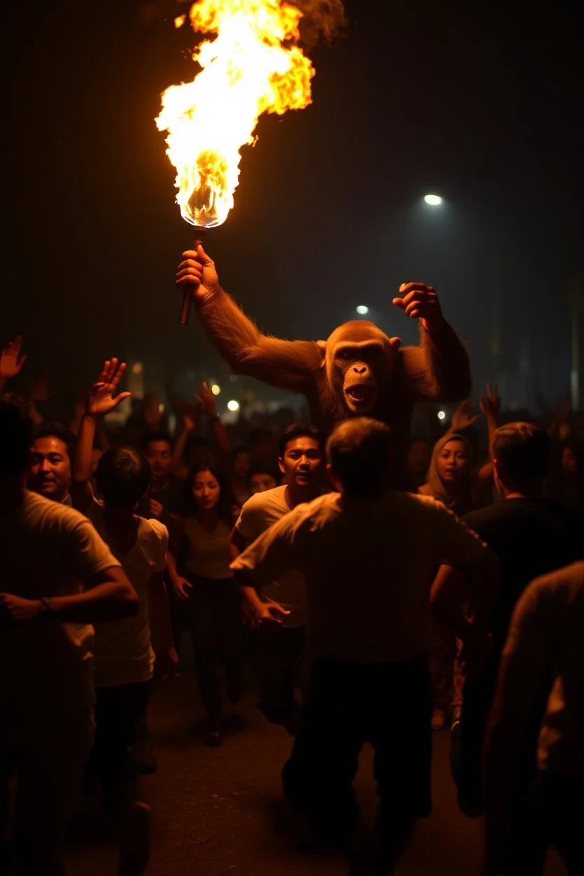 Thousand of people are running scared toward the camera afraid of a big monkey chasing them from behind holding a a flame at night