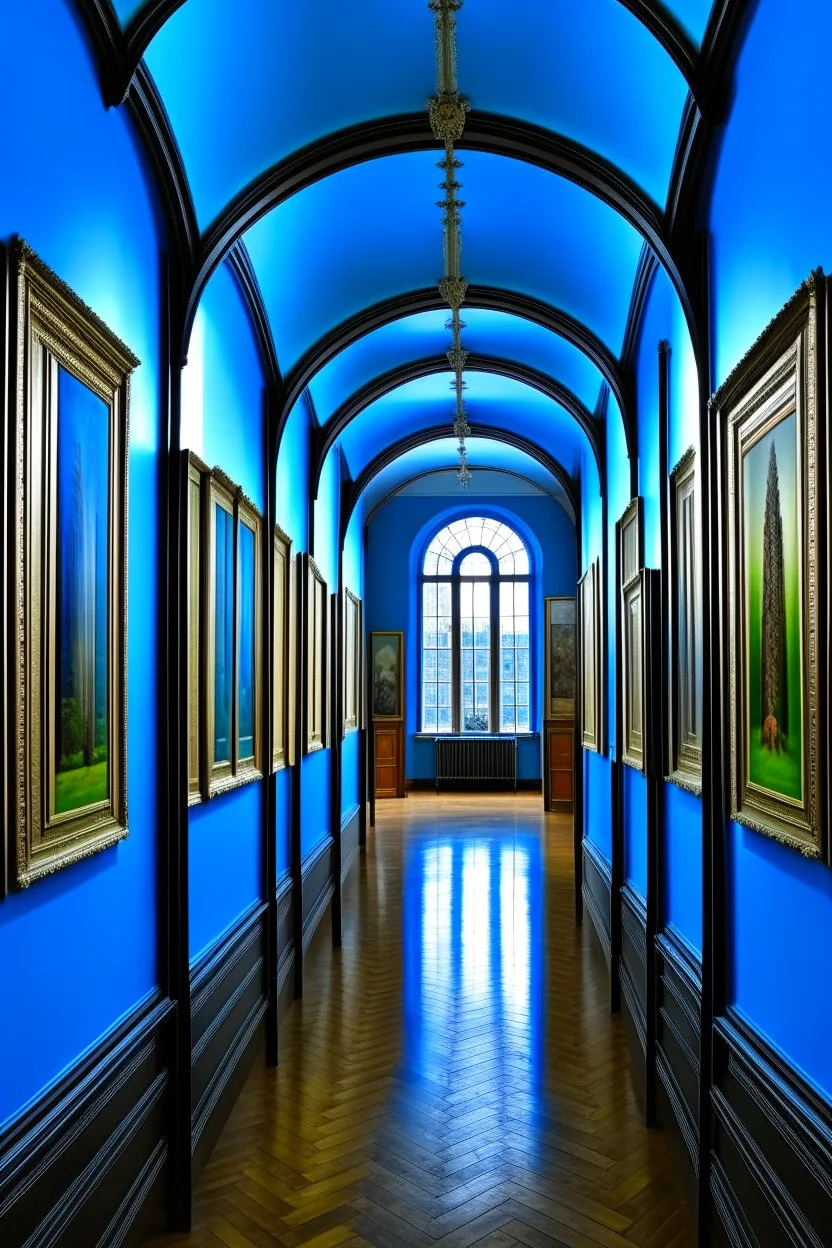 A museum for displaying paintings, whose side walls are oval and made of blue glass, with a corridor at the end on the left side