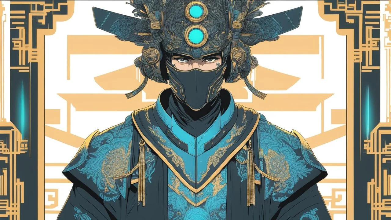 A man wears a black Cyberpunk Mask and Chinese clothes , black and blue color, solo leveling shadow drawing style, neon, intricate details, highly detailed, high details, detailed portrait, masterpiece,ultra detailed, ultra quality