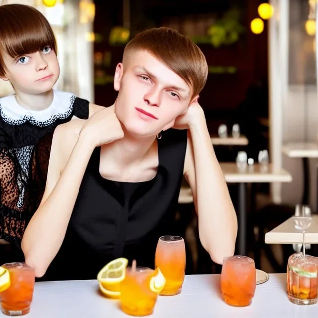 Russian guy boyish boylike short man's haircut boyish features in black girlish lacy cocktail dress as mother in restaurant