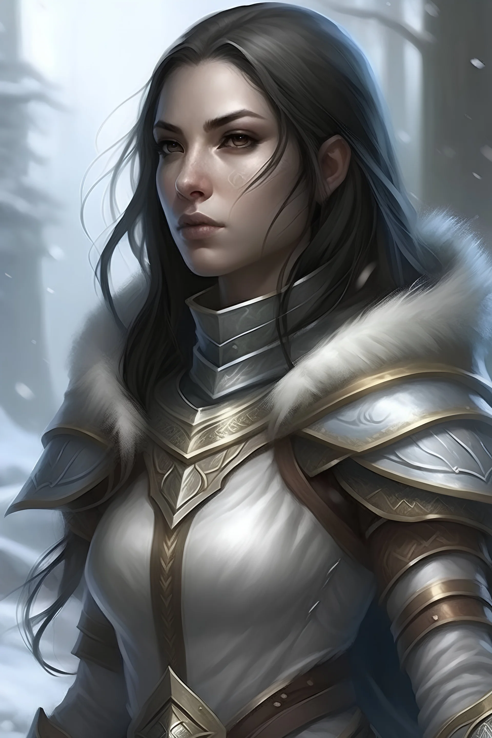 Female winter eladrin paladin dark hair long