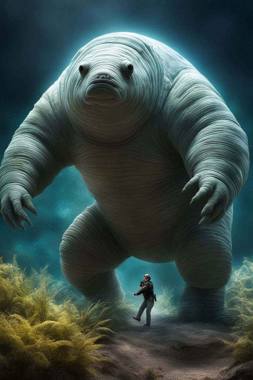 And so, with a mixture of determination and compassion, the captain takes a step forward, extending a hand in a gesture of trust. The giant tardigrade, sensing this shift in intention, hesitates, its eyes reflecting a glimmer of curiosity and acceptance.