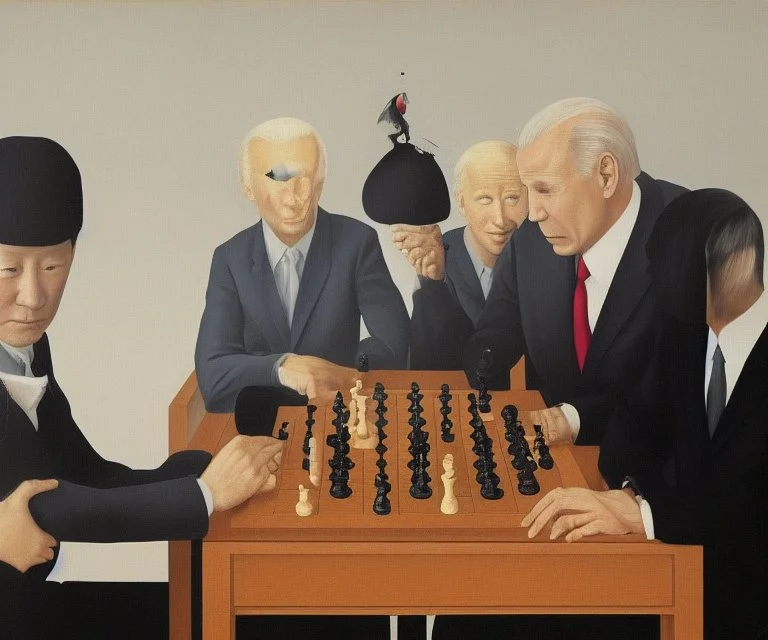 Putin, President Xi Of China And Joe Biden Play Chess With A Pigeon,Ufo,Complex Surgical Instruments,A Newborn Boy,Minimalism,Painting By ,Rene Magritte,Lucian Freud,Adrian Ghenie,Michelangelo,Salvador Dali,Pablo Picasso