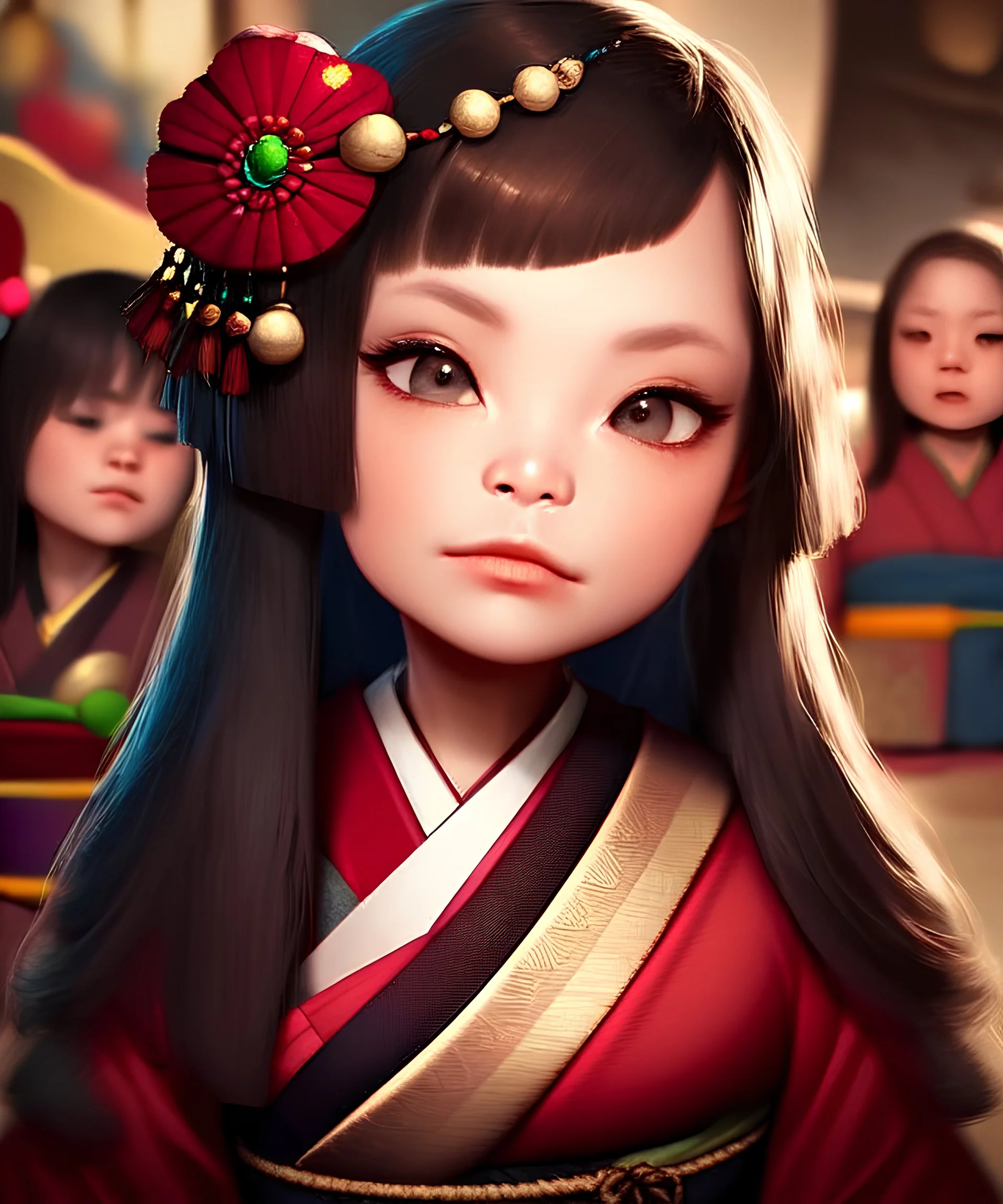 pixar style, ancient japanese temple environment, extreme closeup front face portrait of one cute young loli princess, traditional kimono, slim, slightly squinting, excited facial expression, smirking or pouting, long fringed wavy messy random hairstyle, deep dark real humanly eyes, perfectly round iris, fine detailed long eyelashes, realistic shaded perfect face, round face, blushing, sharp focus, small bosom, chibi, kawaii, gothic, artwork by shinichiro watanabe