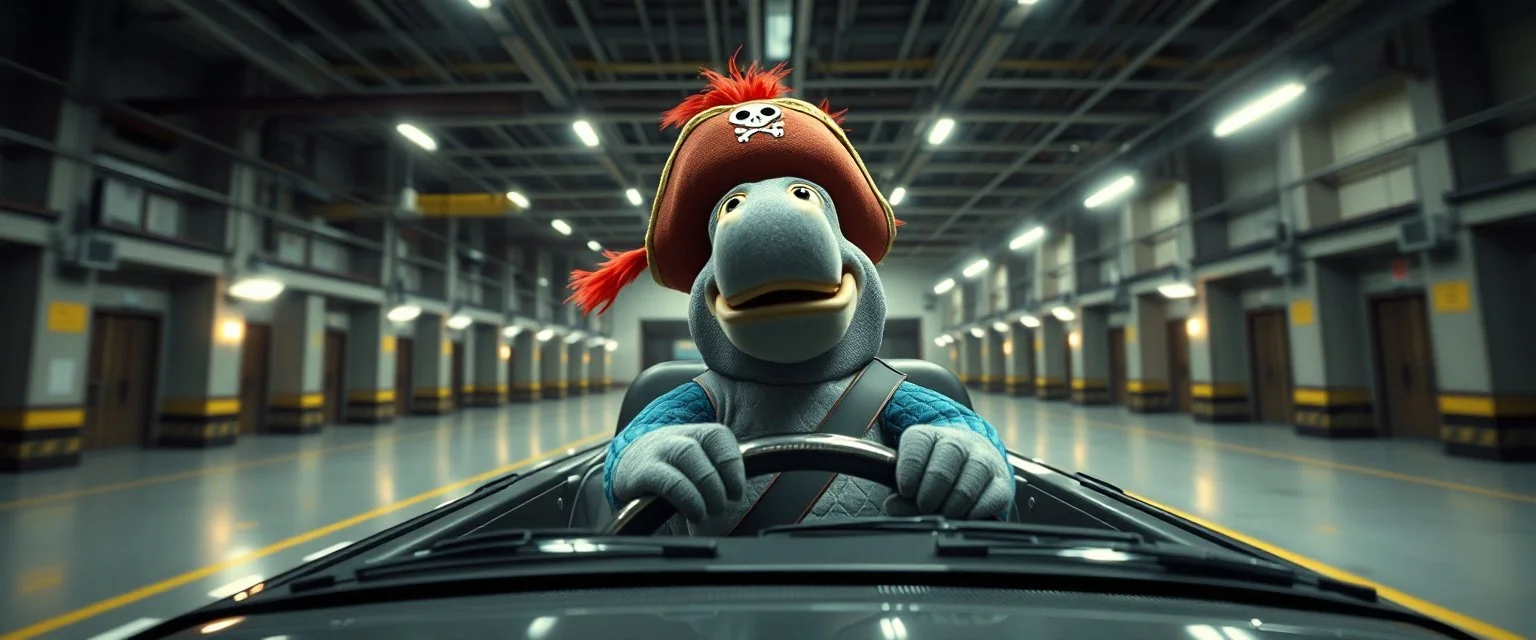 car driving happy 2d fluffy pirate parrot hippo in the style of Escher and Giger and Fallout 4, pinhole cam, airbrush 3d rendering, on tv screen:A five-second cinematic single take in a clean industrial presentation hall.