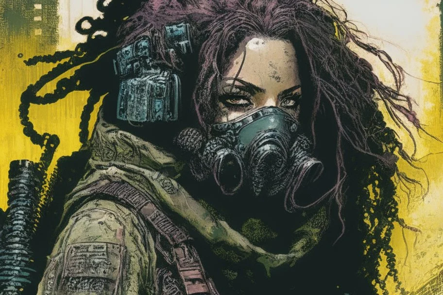 front facing full length portrait illustration of a grunge armored female with beaded dreadlock hair cyberpunk vampire mercenary with gas mask, telecommunications headset, and shemagh, highly detailed with gritty post apocalyptic textures, toxic irradiated landscape, finely detailed facial features and hair, in the graphic novel style of Bill Sienkiewicz,