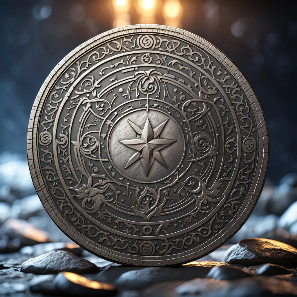 a silver coin called a moon standing on edge. a silver moon in the middle. ancient viking runes. flat coin. show one whole coin front on at a distance. fantasy concept art, exquisite realism, a masterpiece, dynamic lighting, hyper detailed, intricately detailed, deep color, Unreal Engine, volumetric lighting , Epic cinematic brilliant stunning intricate meticulously detailed dramatic atmospheric maximal,