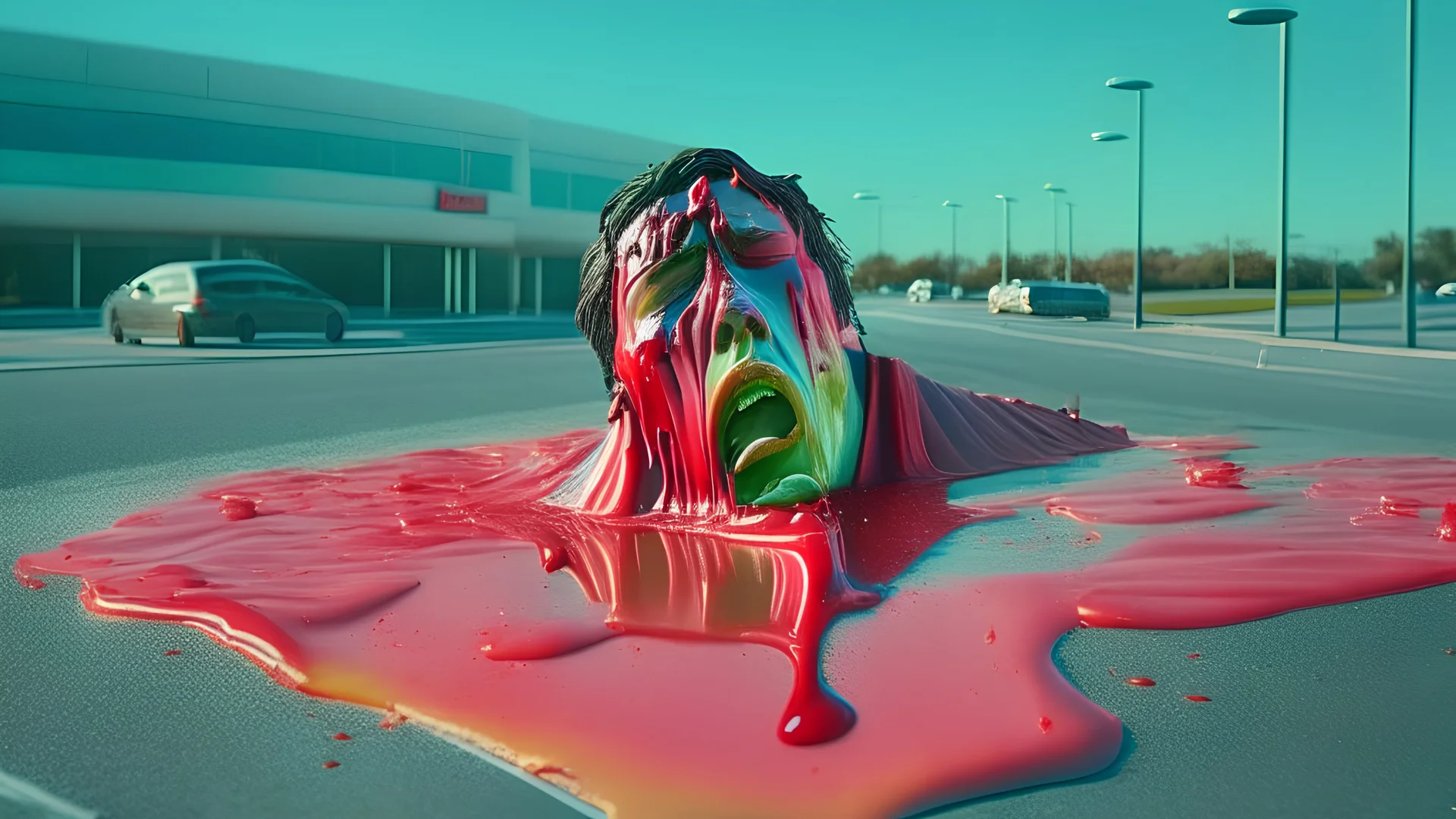 wide angle shot of crying man made of jello leaving hotel parking lot