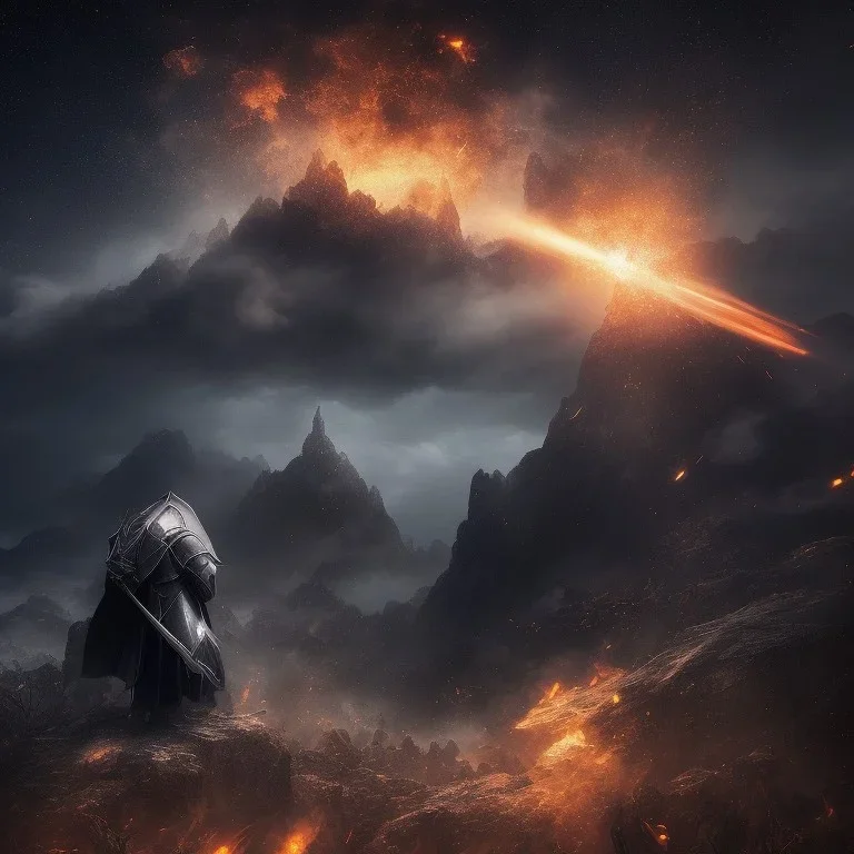 Distant epic scenary. Heavy rain. Epic Lighting in the night sky. Knight with magic scroll in hand. Falling meteorite in the sky. Fireball. Meteorite burning in the distance. Dark, black mud.