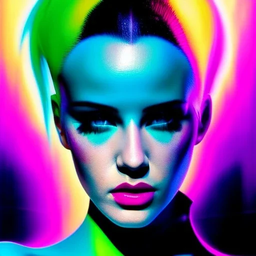 portrait oil on canvas, beautiful punk busty female Cyborg, looking to viewer, sad green eyes, post-apocalyptic in a cyberpunk city,minimal skintight latex dress, blade runner movie poster art,gradient color, BLUE, PINK, CYAN, neon, insanely detailed,realistic,intrincate detail, 16k resolution, masterpiece, Adam hughes