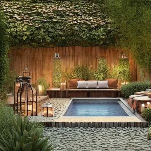 a gorgeous, stunning garden deck with rustic walls and floor, wicker furniture, string of illuminated globes, tranquil pool surrounded by smooth stones, lit candles, foliage, cozy, 8k resolution, high-quality, fine-detail, zen-like, digital art, detailed matte, volumetric lighting, illustration, 3D octane render, brian froud, howard lyon, selina french, annie stokes, lisa parker, greg rutowski