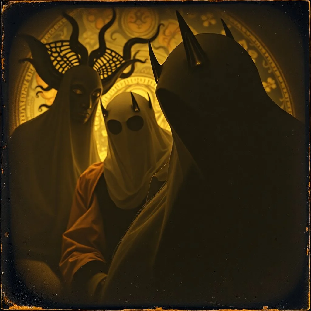 Daguerrotype close up some mysterious figures, odd background, Hieronymus Bosch Max Ernst ambient light, by Minicavio Quollati and Marlost Endgulp, Amano, Botticelli, Alphonse Mucha