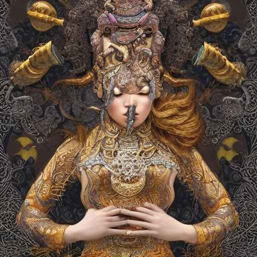 Sango fantasy, fantasy magic, intricate, sharp focus, illustration, highly detailed, digital painting, concept art, matte, art germ and Paul Lewin and Kehinde Wiley, masterpiece silver elephant head bronze Buddha Asian African girl nice breast Hawaiian hair turquoise golden waves