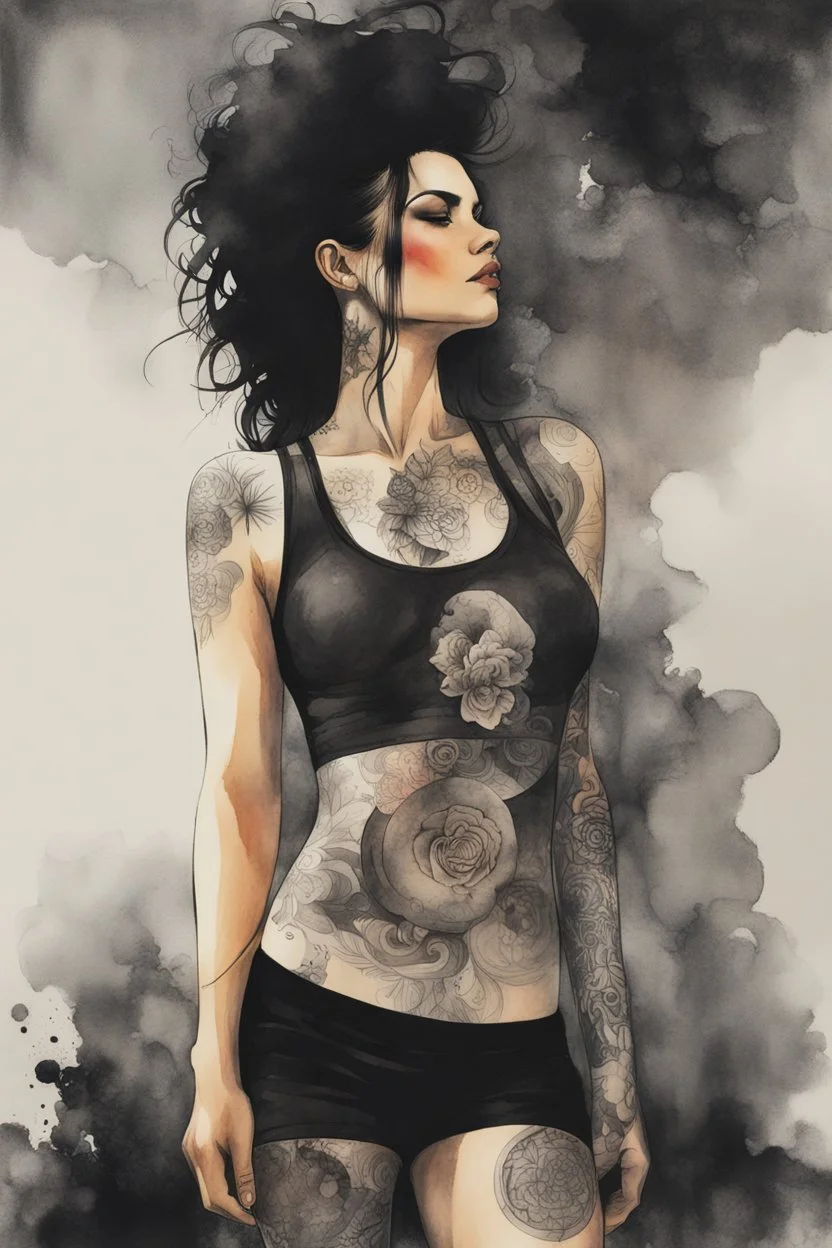 an abstract and serene ink wash and watercolor full body lithographic illustration of a tattooed goth girl with highly detailed hair and facial features , finely drawn and inked, 4k, hyper detailed and vibrantly colored in the comic art style of Bill Sienkiewicz and Frank Miller