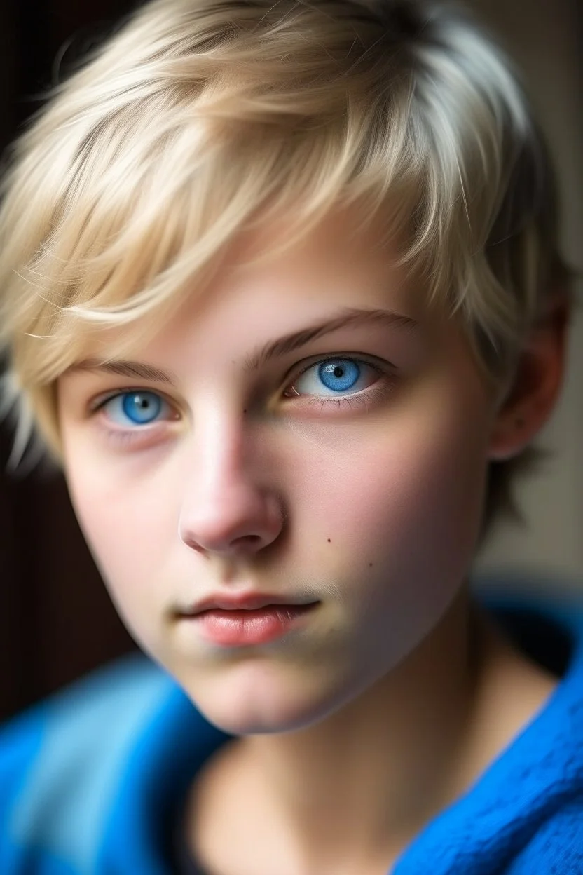 portrait of a 16 year old caucasian woman with really short blond hair, water-blue eyes