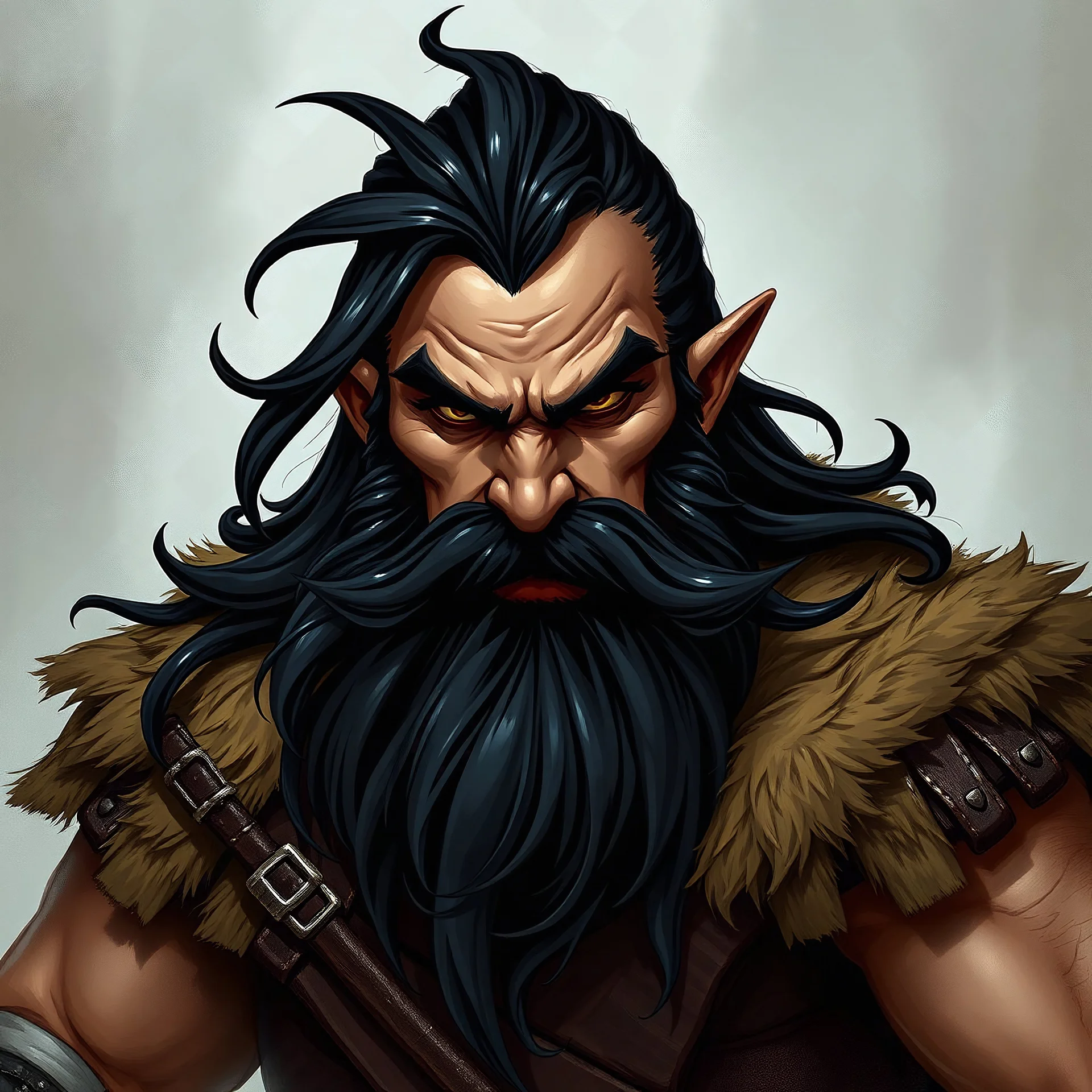 art fantasy portrait in dungeon and dragons angry dwarf character card style of barbarian with black beard and black hair with curves