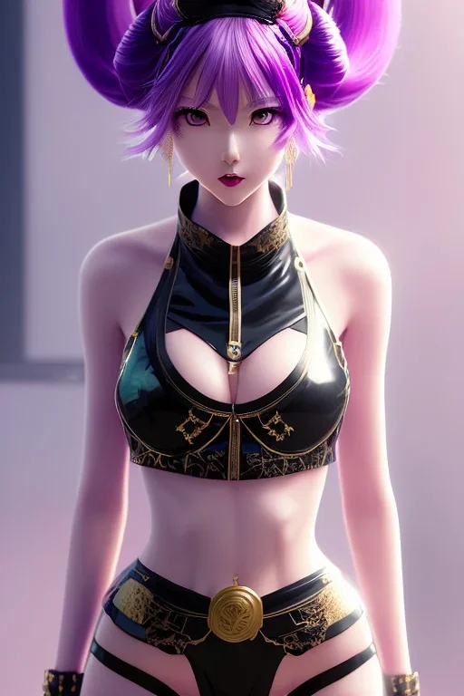 Detailed cute anime Kunoichi girl, purple hair buns, purple bangs, black latex bodysuit, intricate details, full body portrait, keep head in frame, slight smile, black Japanese motif, concept art, highly detailed, digital painting, concept art, sharp focus, illustration, art by Yoji Shinkawa, WLOP and greg rutkowski and alphonse mucha and artgerm and yanjun Chen and Junji ito and Makoto Shinkai, HDR, octane render