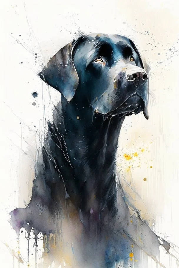 A portrait of black Labrador by Willem Haenraets, watercolor, wet on wet and splattering techniques, centered, perfect composition, abstraction, surrealism