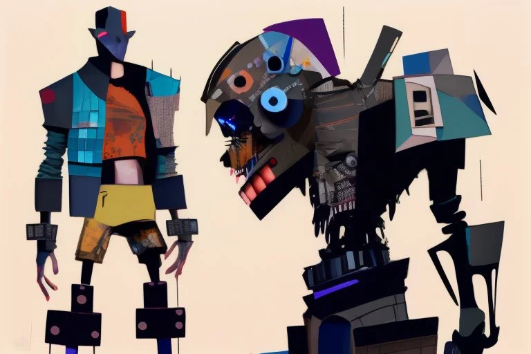 whimsical arafed nonsense, patchwork vibe, (((side view))) two arafed cyberlords fighting each other in a rainy whimsical downtown street with extreme body action and with (((exaggerated body parts))), (((oversize head))), sharp color contrasts, amazing shadows, (((exaggerated limbs and head))), minimal cozy, warm palette, bright bold warm summer colors with yellow orange black colors, color leak, heavily distorted views, amazing parallels, extreme urban decay