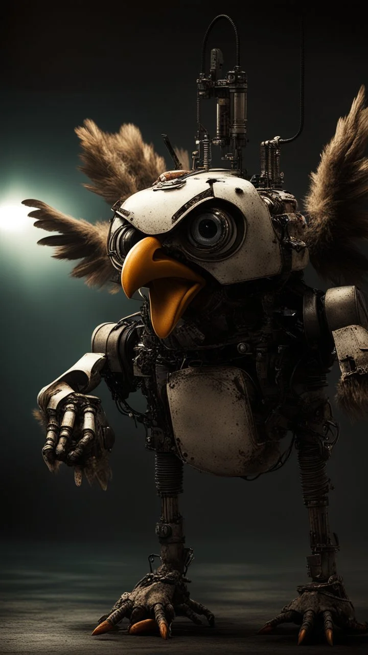 chicken monster robot with eerie lighting and a haunting atmosphere , photo / ultra realistic cinematic