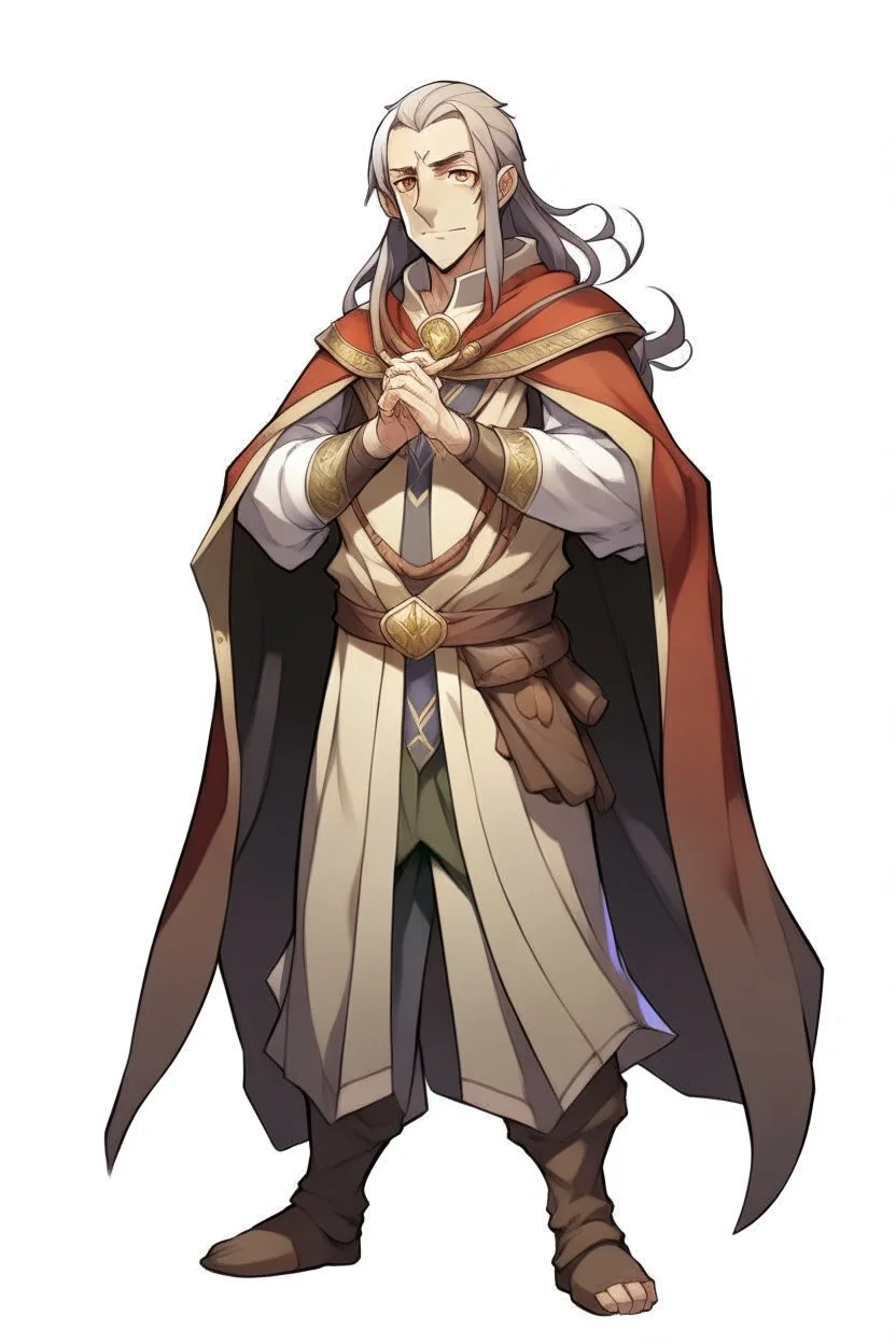 anime high elf male in his fifties wearing medieval tunic with hands behind his back