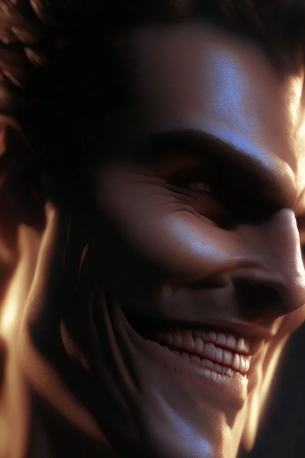 a very close up side profile image of an evil angel, smiling,8k quality, supper realistic