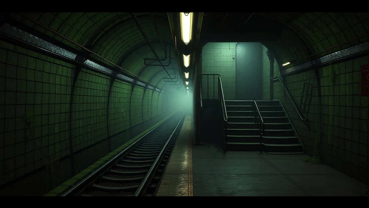 GAME CONCEPT ART .two poin perspective.Station platform and stairs from side .Inside the old subway tracks, . Low light and closed green moss walls. Like the original design of the game space ,digital art.landscape,far camera old painting,2 Chen and George Hopper, Rembrandt lighting, a dark green color scheme, ethereal light. --ar 13:16 --v 6. 0 metro game
