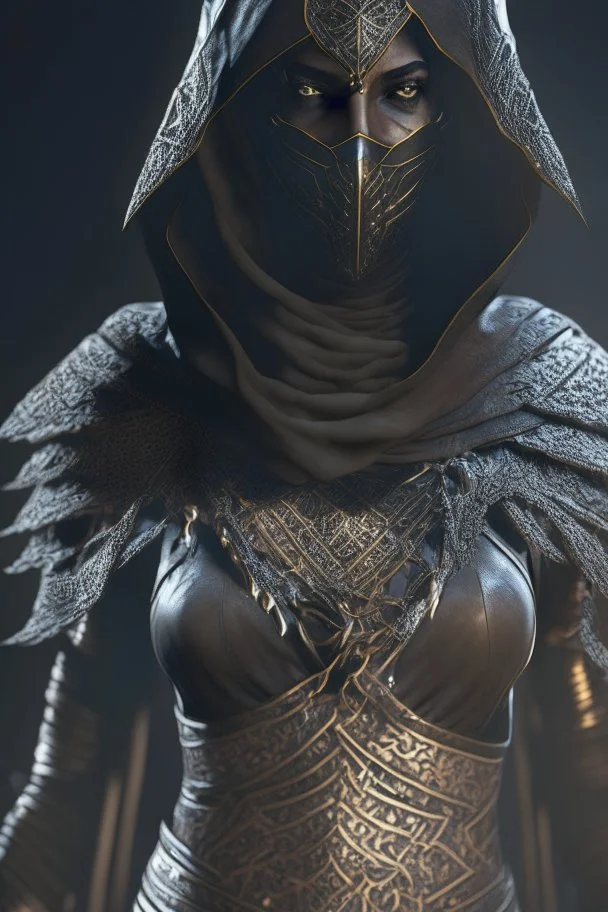 Iconic Arabian assassin, armor, full body, dark, stunning portrait, dynamic shot, vivid, legs, full face, cinematic atmosphere, immersive,, complex shadows, reflections, octane rendering, hyper-realistic, unparalleled detail Her, 8K, Groundbreaking, Epitome of Concept Art, Material-Based Rendering, Dynamic Angles, Complex Textures, Subsurface Dispersion, Timeless Masterpiece, AI-Enhanced, GAN, Ray Tracing, Depth of Field, Riding a Horse