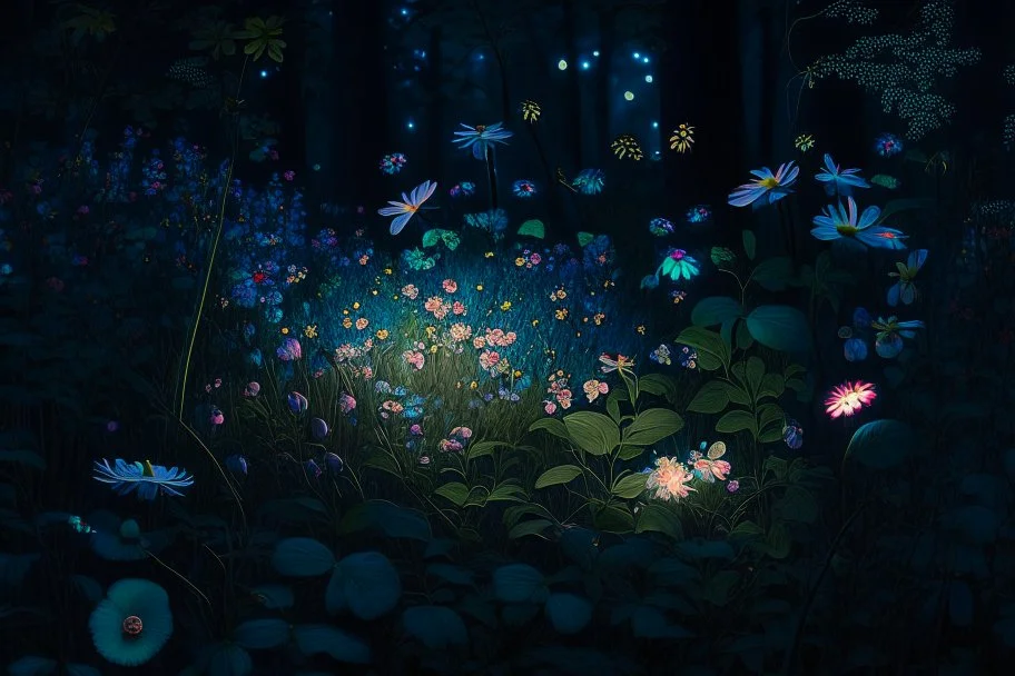 night, forest, flowers