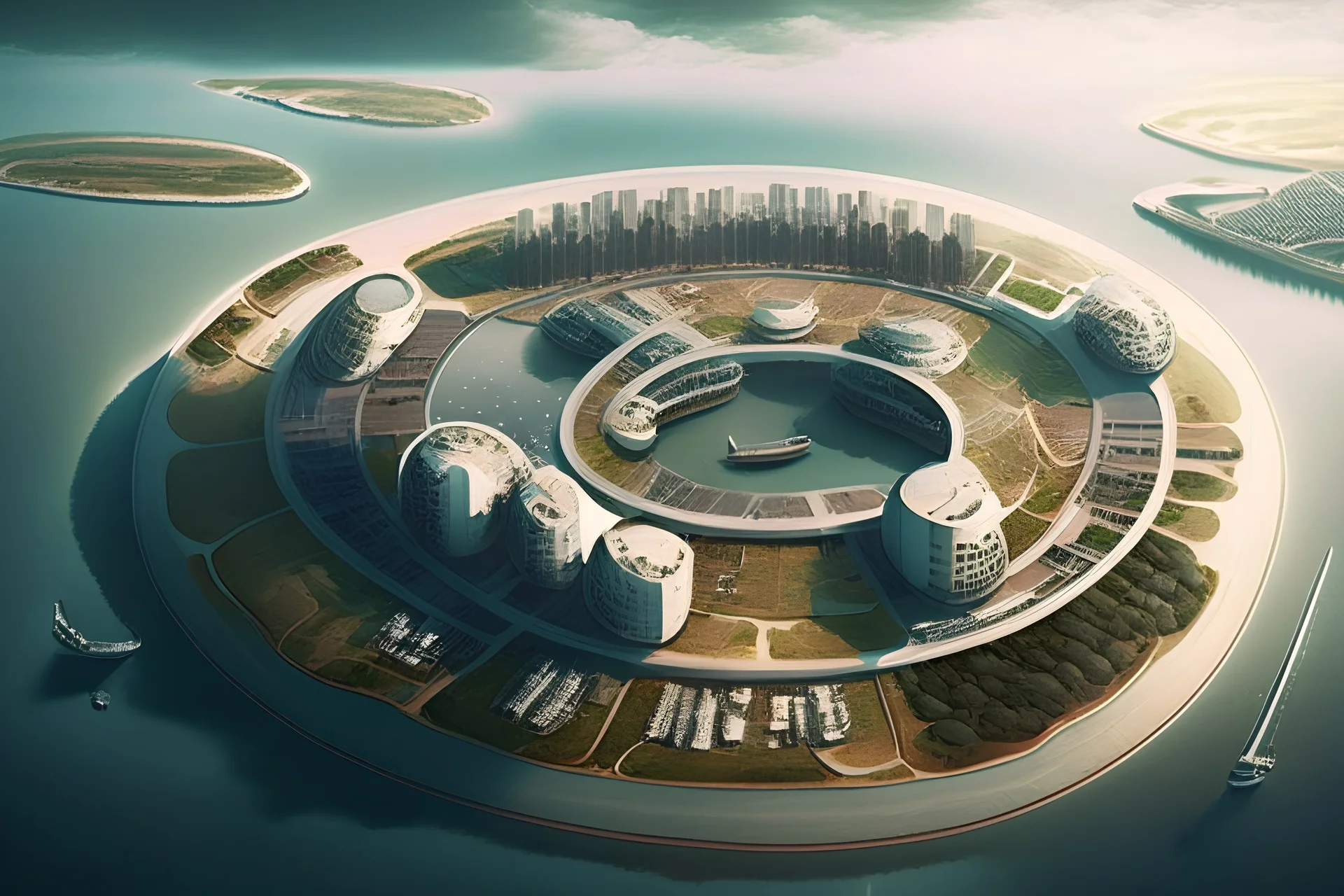 The future attractive industrial workplace, circular shape at a peninsula near a city and near a port, aerial view