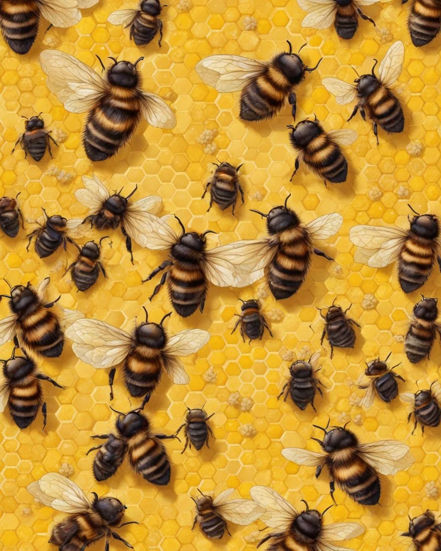 gentle background with bees, honeycombs in the background, bees on hives on a yellow field