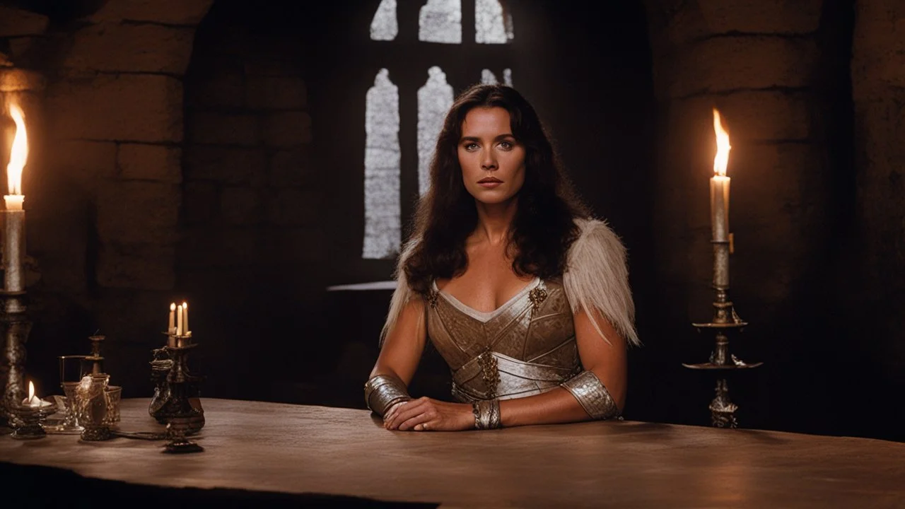 [Conan The Barbarian (1982)] In the medieval dining room of the large castle, she sits alone in a linen dress at the wooden table. The flickering torches casts dancing shadows across the walls. Her eyes are drawn to a majestic statue mounted on the wall, depicting a woman clad in armor, strikingly similar to herself. The intricately carved features of the armored woman seem to gaze back at her, as if urging her to embrace her destiny.