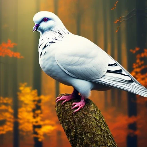  top of mega high tree, portrait of white pigeon, autumn forest background