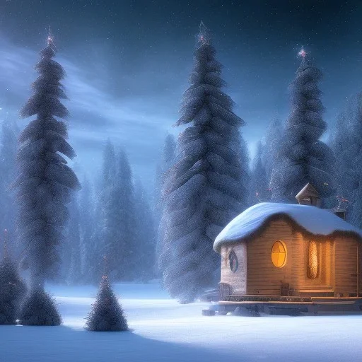 Mysterious christmas night, a small lonely hut, surreal atmosphere, cosmic backdrop, celestial ambience, soft lighting, very chilly appearance of the surroundings, unreal engine 5 volumetric lighting, intricate details, realistic style, 8k resolution