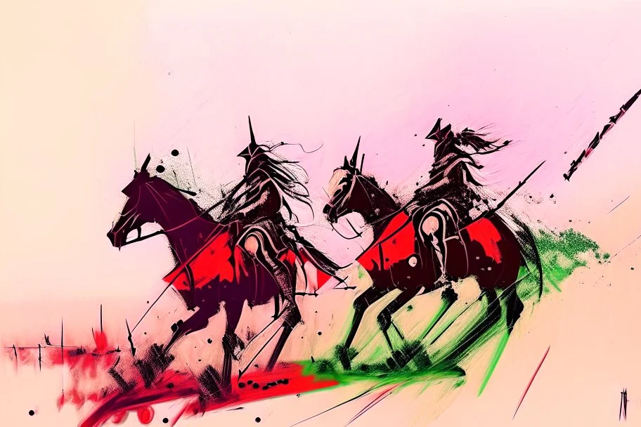 Hun Arrow Crossers on horseback, scorched earth, thunderstorm, red, white, green watercolor and ink