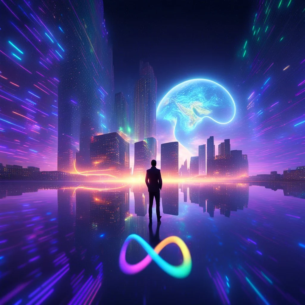 3D infinity symbol ∞, infinity figure-of-eight symbol is totally-symmetrical and brightly coloured, man silhouette facing epic scene of building, glowing earth, water, network and lights, exotic, inspiring, fantasy, neon, friendly, beautiful, octane render, 8k post-production, artstation: award-winning: atmospheric: commanding: fantastical: clarity: 16k: ultra quality: striking: brilliance: liquid medium: stunning colors: amazing depth; lens: f/8, 28mm