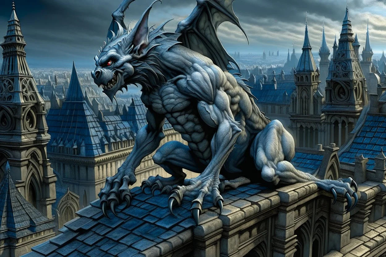 captivating and highly detailed fantasy, gothic illustration featuring a grayish Gargoyle with curly bluish hair crouching above the city, leaning forward to observe the people below. Style of artist Anne Stokes, Gothic, Dark Fantasy, photo, 3d rendering, cinematic
