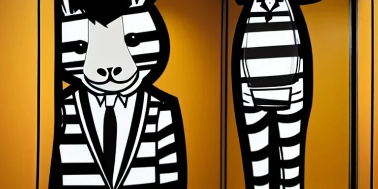 Cartoon zebra standing upright wearing a suit in an elevator