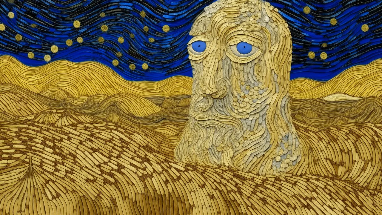 An ivory sandy desert with glowing eyes designed in ancient Greek mosaics painted by Vincent van Gogh