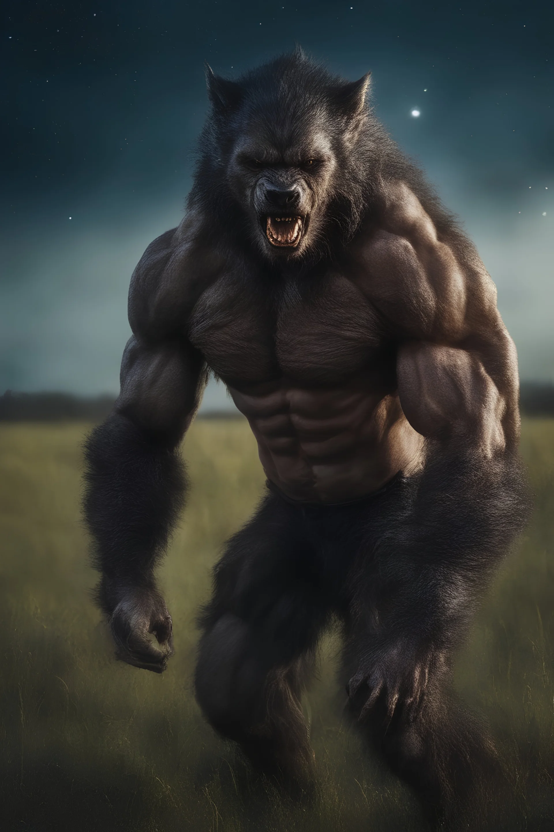 an extremely muscular, and scary looking werewolf in a field, Extreme reality, photorealistic, realistic, lifelike, Absolute reality, Botany, Starry, Retro Pop, Dark Fantasy, Horror, Festive, Realistic - 32k, UHD, professional quality, 8 x 10 digital photograph